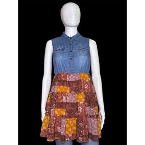Knit Works Denim Bodice Boho Patchwork Floral Tiered Dress Women’s Size Large
